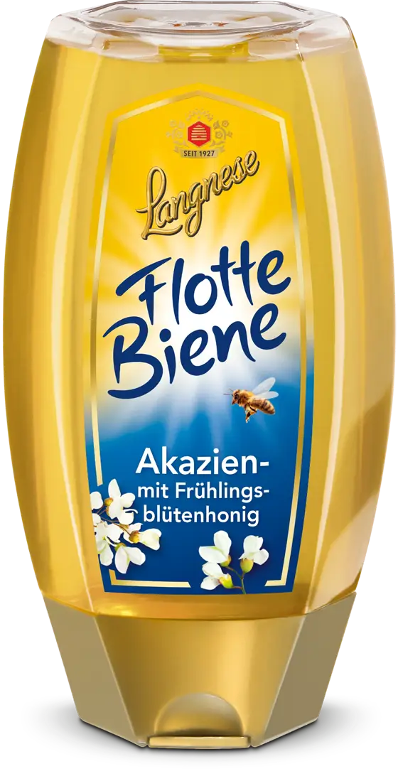 Studiobild Flotte Biene Akazien- mit Frühlingsblütenhonig im Dosierspender